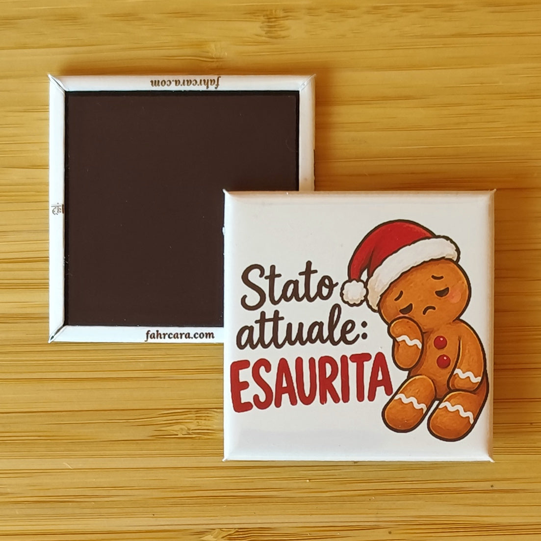 Calamita Stato attuale: esaurita, variante crema — Natale, Fahrcara — fronte stampato e retro magnetico affiancati.