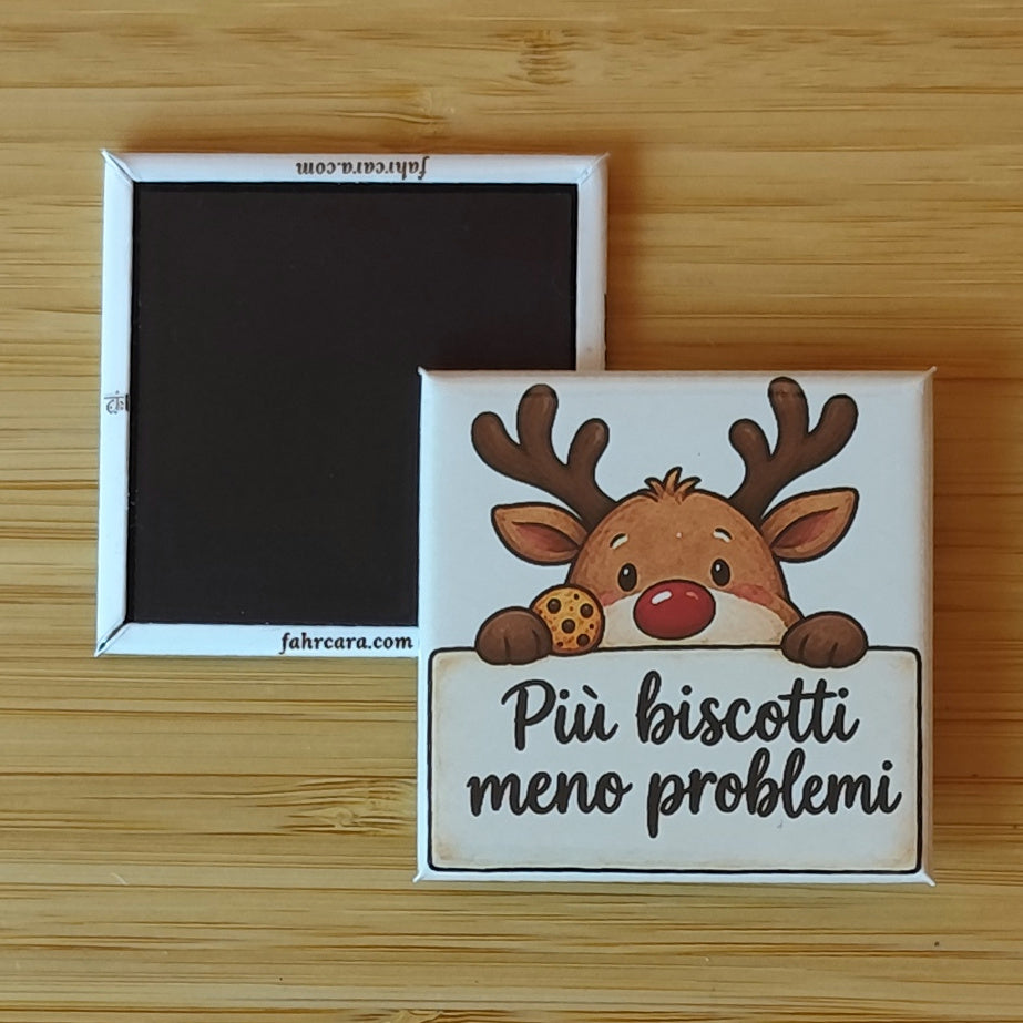 Calamita Più biscotti meno problemi, variante crema — Natale, Fahrcara — fronte stampato e retro magnetico affiancati.