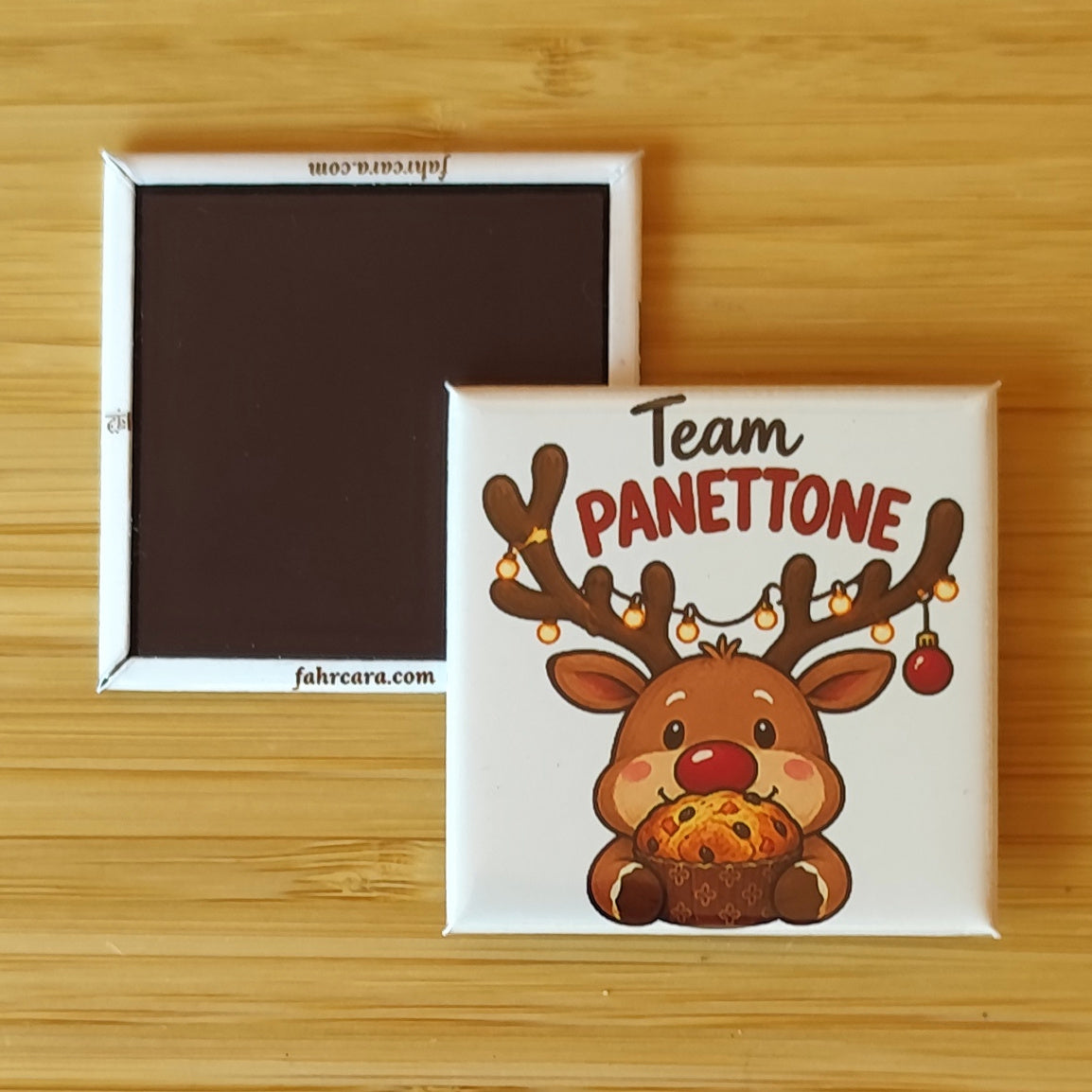 Calamita Team Panettone — Natale, Fahrcara — fronte stampato e retro magnetico affiancati.