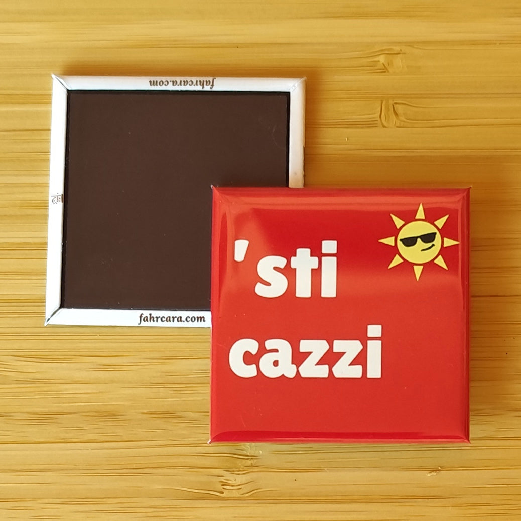 ’sti cazzi — Calamita Pop — Carolina pop, Fahrcara — fronte stampato e retro magnetico affiancati.