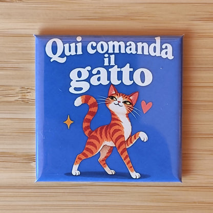 Calamita Qui comanda il gatto, variante arancio — Amici di zampa, Fahrcara — vista frontale della calamita.