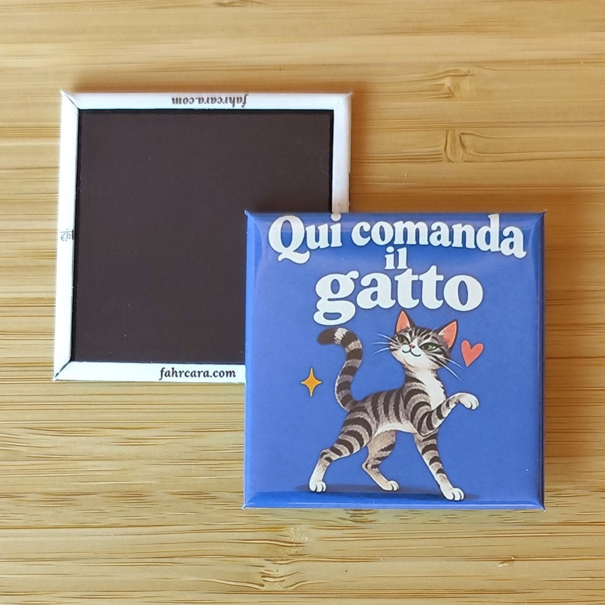 Calamita Qui comanda il gatto, variante grigio tigrato — Amici di zampa, Fahrcara — fronte stampato e retro magnetico affiancati.
